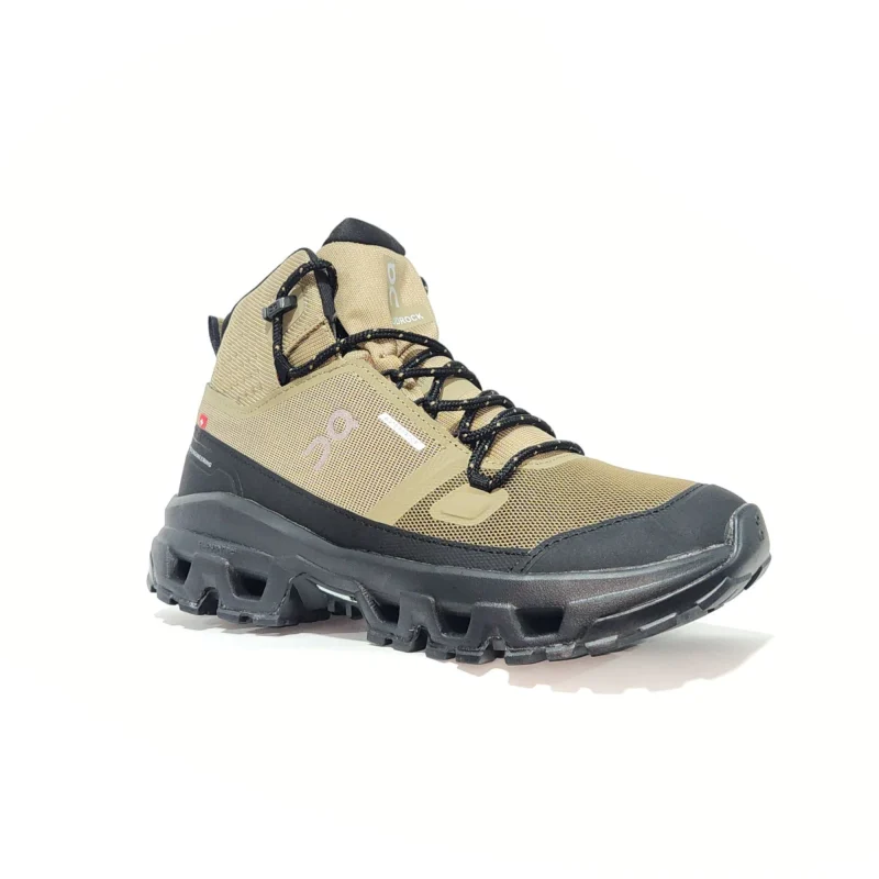 ON-ROCK-CAFE-STD_21 Botas On Cloud Rock verde militar, café con negro para hombre — impermeables, ligeras y cómodas, perfectas para trekking, caminatas urbanas o aventuras al aire libre.